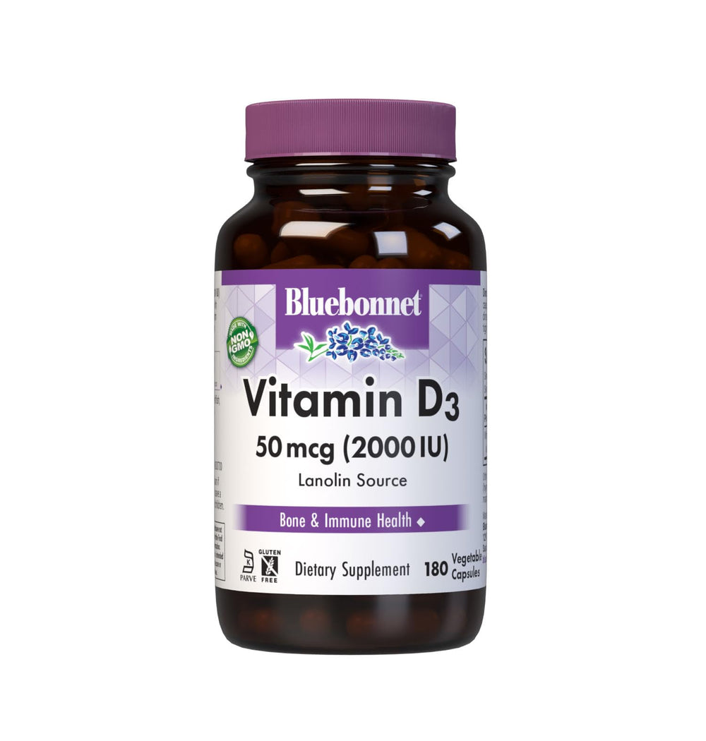 Bluebonnet Vitamin D3 2000 IU bottle highlighting lanolin-derived cholecalciferol for bone support.