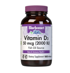 BlueBonnet Vitamin D3 2000 IU softgel bottle for bone health support.