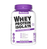 Bluebonnet Whey Protein Isolate front packaging shows grass fed origin and clean protein form