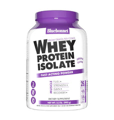 Bluebonnet Whey Protein Isolate front packaging shows grass fed origin and clean protein form