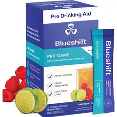 Blueshift Pre-Game raspberry lime packet ready to hydrate before social events.
