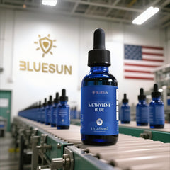Dropper dispensing Bluesun Methylene Blue for controlled, accurate drops.