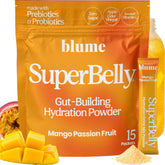 Blume SuperBelly front packaging highlights mango passion fruit flavor for daily hydration.