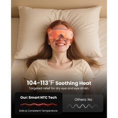 BOB AND BRAD Eye Massager heat levels feature with temperature range mention.