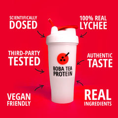 Boba Tea Protein lychee pre-workout scoop highlights premium ingredients for endurance.
