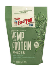 Bob's Red Mill hemp protein powder label close-up highlights non-GMO vegan kosher certifications