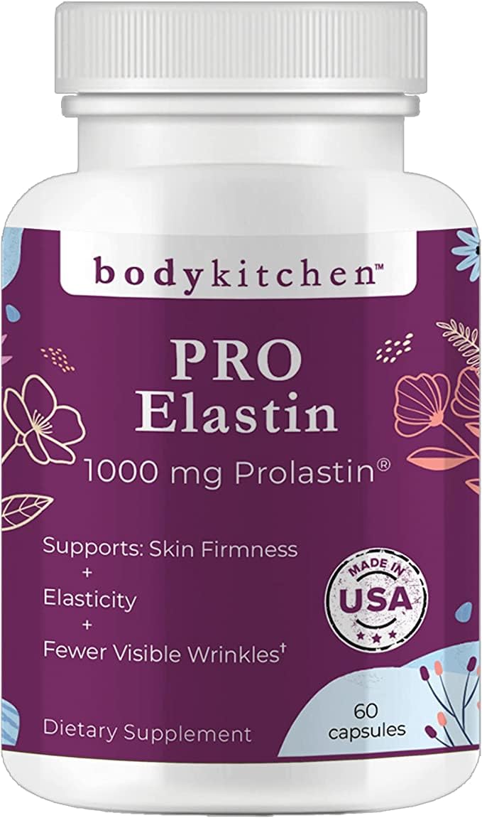 Body Kitchen Pro-Elastin bottle front showing veggie capsules for skin support