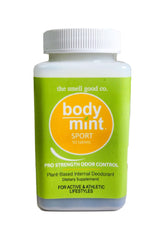 Body Mint Sport bottle close-up highlighting aluminum-free formula for active users.