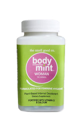 Body Mint Woman bottle close-up highlights the aluminum-free formula for everyday freshness.