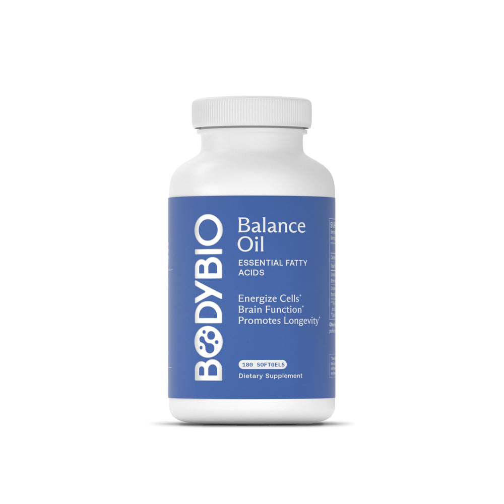 BodyBio Balance Oil bottle closeup showing premium cold-pressed blend for daily wellness.