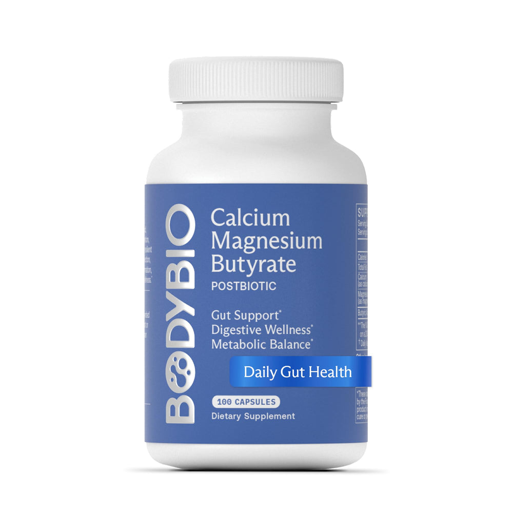 BodyBio Butyrate bottle front showing postbiotic support for gut health and digestion.