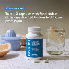 Label view of BodyBio Butyrate vegan capsules and purity.