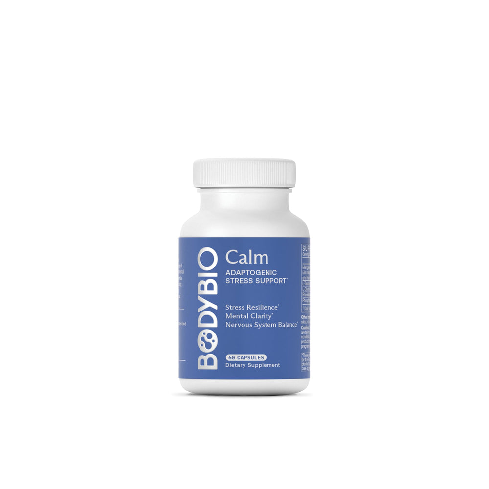 BodyBio Calm bottle shown for daily non-drowsy stress support.