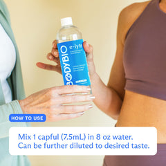 BodyBio e-Lyte glass of water indicates quick, sugar-free hydration suitable for fasting.