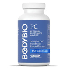 BodyBio PC bottle close-up highlighting phosphatidylcholine for brain health support