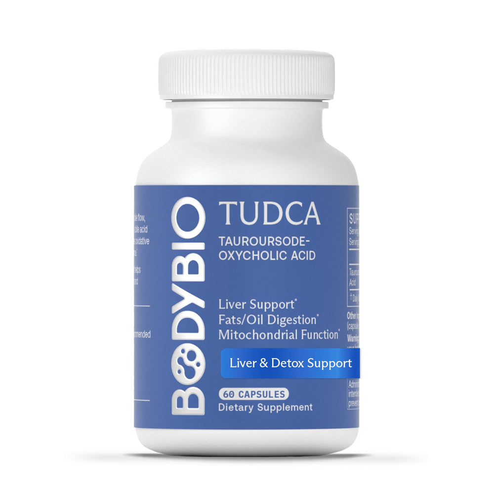 BodyBio TUDCA bottle with pills supports liver function and detox-friendly lifestyle.