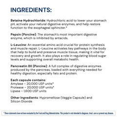 BodyHealth Digestive Enzymes ingredients panel highlights betaine and pepsin