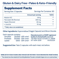 BodyHealth Digestive Enzymes label close-up highlighting key enzymes