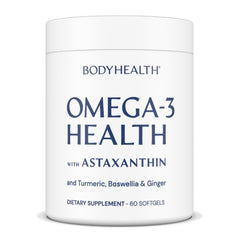 BodyHealth Omega3 softgels bottle promoting heart and brain support.