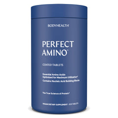 BodyHealth PerfectAmino 300ct tablets close-up showing easy-to-swallow formula
