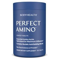 BodyHealth PerfectAmino bottle front showing vegan amino acids for recovery support.