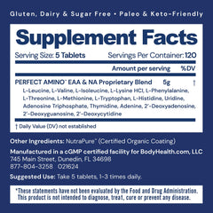 BodyHealth PerfectAmino bottle label highlighting essential amino acids for post workout recovery