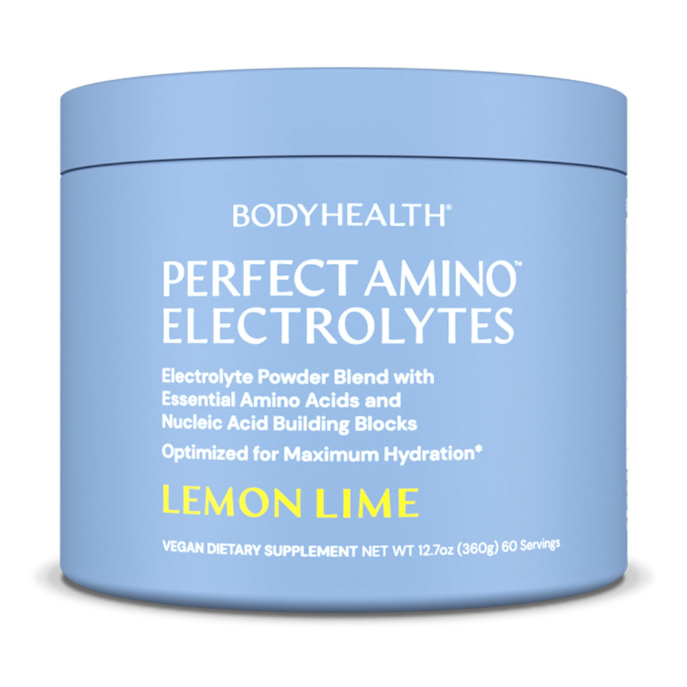 BodyHealth PerfectAmino Electrolyte Lemon Lime bottle ideal for all-day hydration.