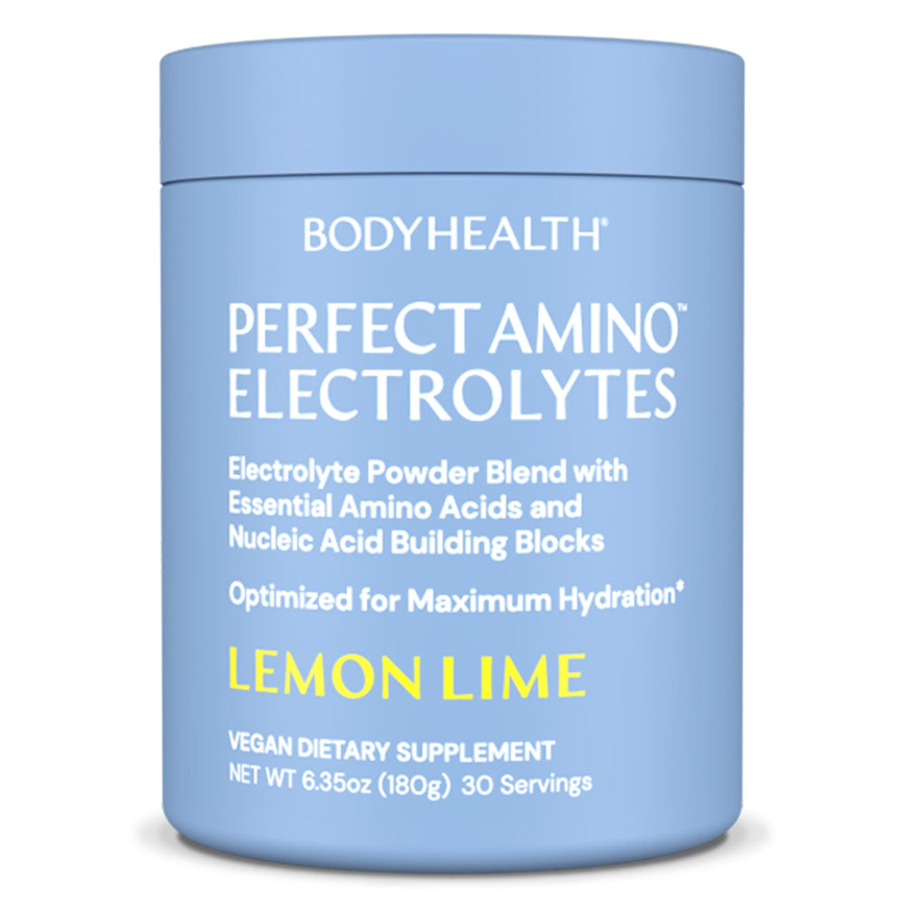 BodyHealth PerfectAmino Electrolyte Lemon Lime powder packet ready for quick hydration.