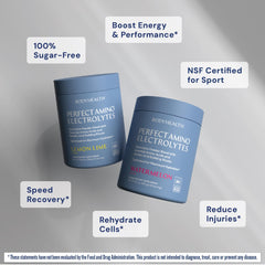 BodyHealth PerfectAmino Electrolytes glass with powder ready to mix and enjoy.