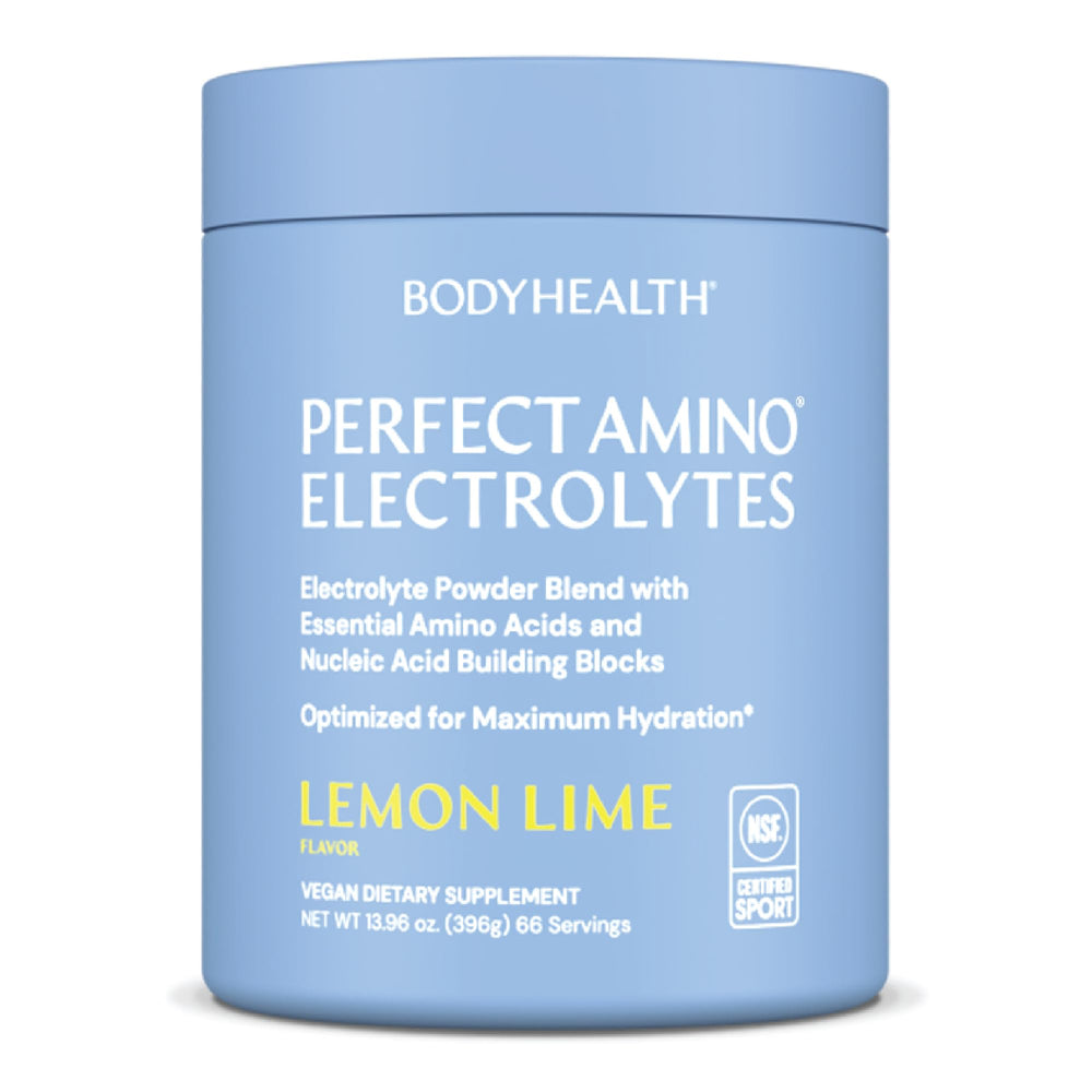 BodyHealth PerfectAmino Electrolytes powder in Lemon Lime for long-lasting hydration during workouts.
