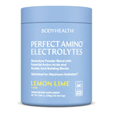 BodyHealth PerfectAmino Electrolytes powder in Lemon Lime for long-lasting hydration during workouts.