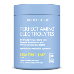 BodyHealth PerfectAmino Electrolytes powder in Lemon Lime for long-lasting hydration during workouts.