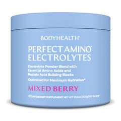 BodyHealth PerfectAmino Electrolytes Mixed Berry bottle for long-lasting hydration during workouts.