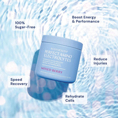 BodyHealth PerfectAmino Electrolytes Mixed Berry glass showing refreshing hydration after exercise.