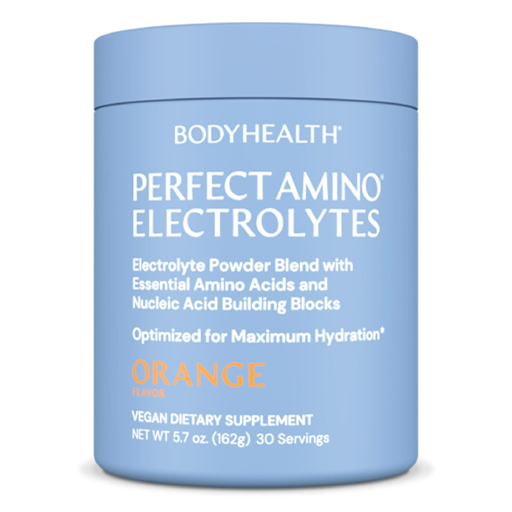 BodyHealth PerfectAmino Electrolytes orange bottle pour supports long-lasting hydration.