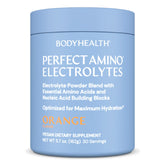 BodyHealth PerfectAmino Electrolytes orange bottle pour supports long-lasting hydration.