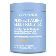 BodyHealth PerfectAmino Electrolytes orange bottle pour supports long-lasting hydration.