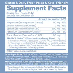 BodyHealth PerfectAmino Electrolytes orange drink glass shows refreshing, sugar-free hydration.