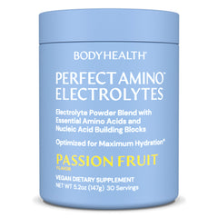 BodyHealth PerfectAmino Electrolytes bottle with Passion Fruit flavor for on-the-go hydration.