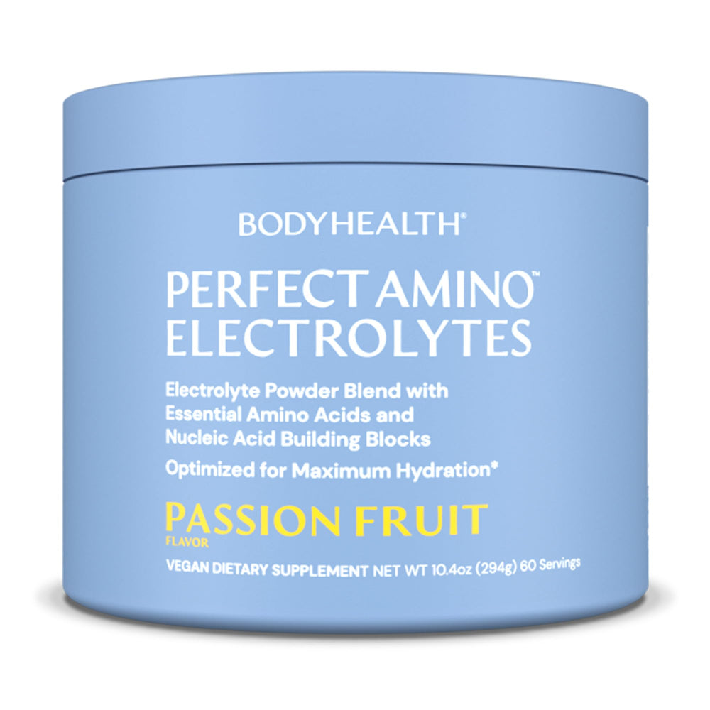 BodyHealth PerfectAmino Electrolytes Passion Fruit bottle for on-the-go hydration.