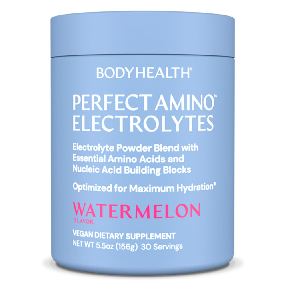 BodyHealth PerfectAmino Electrolytes Watermelon bottle front for hydrated workouts.