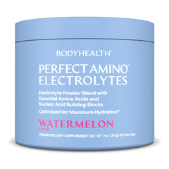 BodyHealth PerfectAmino Electrolytes Watermelon tub ready for keto hydration.