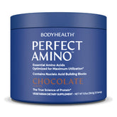 BodyHealth PerfectAmino Powder chocolate bottle highlighting lean muscle support and recovery