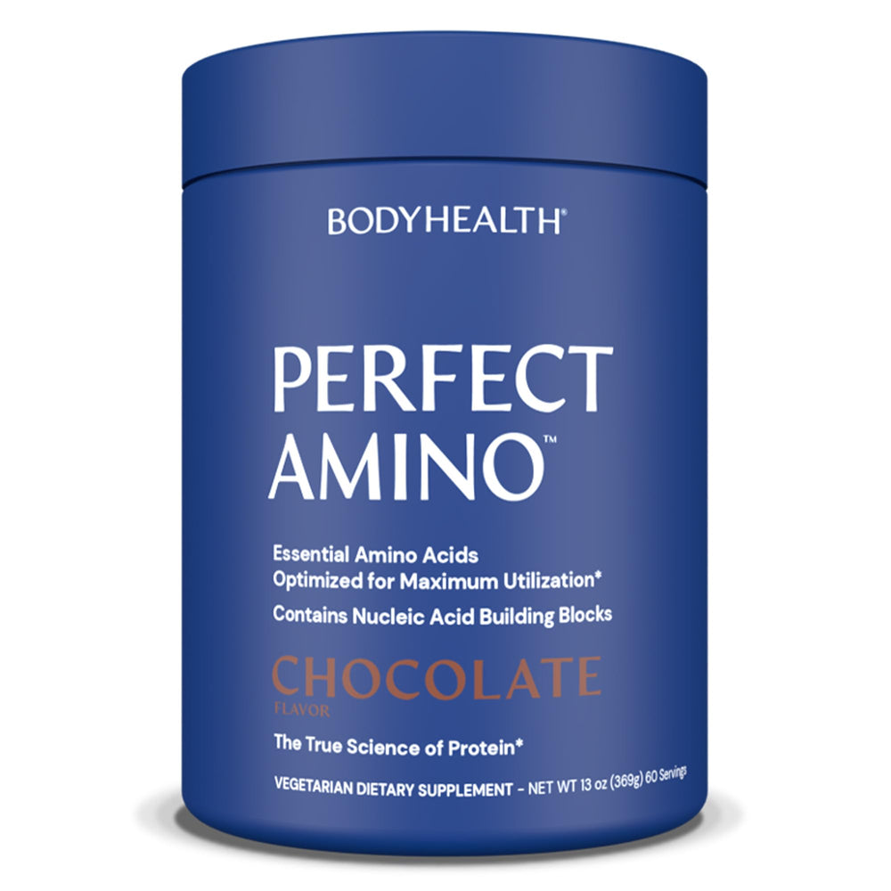 BodyHealth PerfectAmino Powder chocolate tub promotes recovery and lean muscle