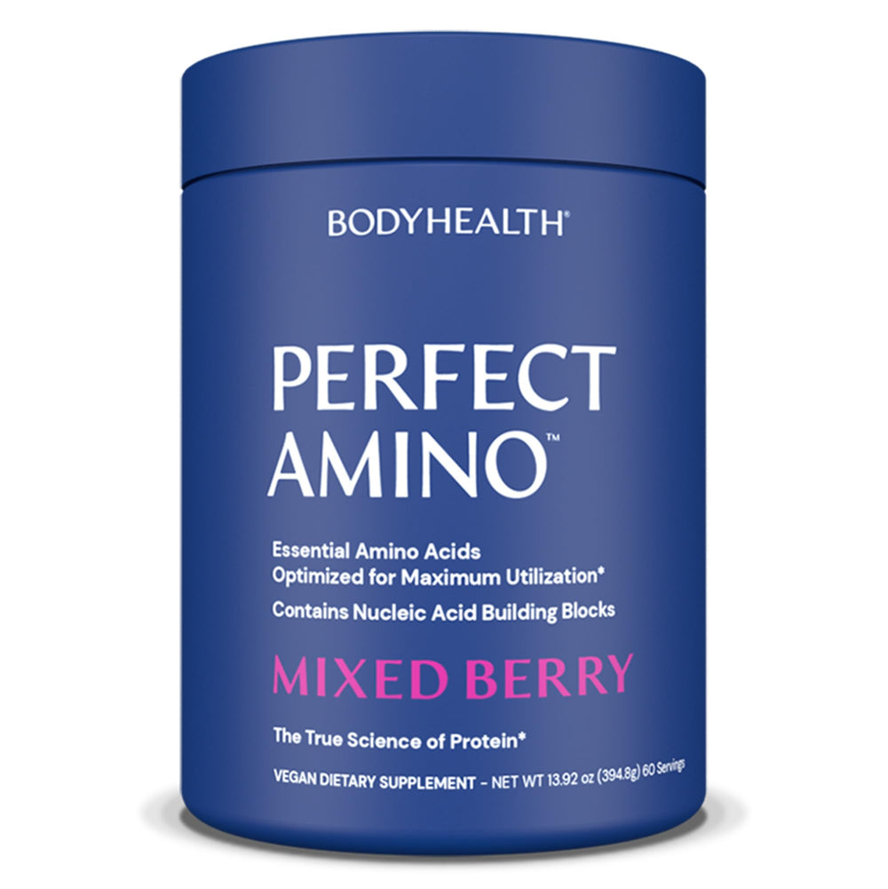 BodyHealth PerfectAmino powder bottle with mixed berry flavor for pre-workout energy