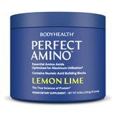 BodyHealth PerfectAmino powder tub front showing vegan essential amino acids for recovery