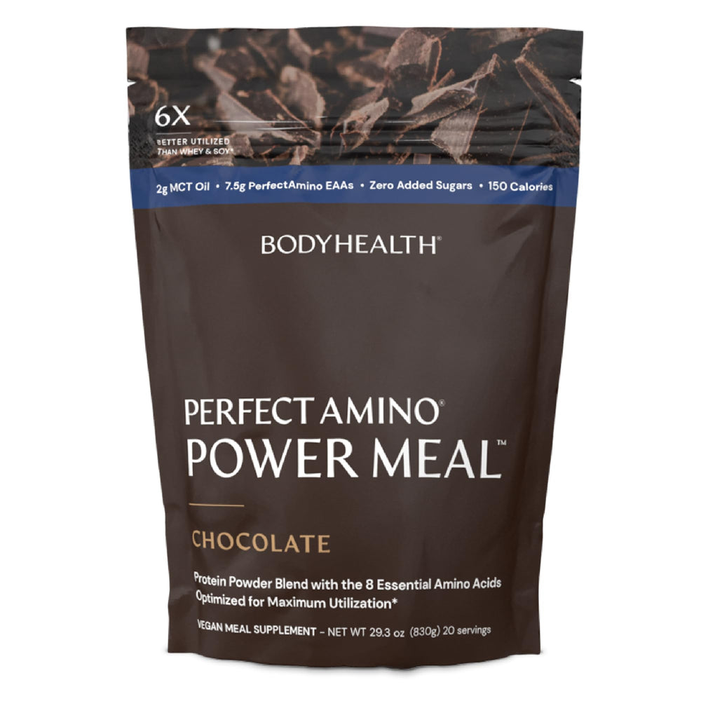 BodyHealth PerfectAmino Power Meal Shake dark chocolate being poured for a quick meal