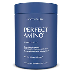 BodyHealth PerfectAmino tablets closeup showing easy to swallow vegan capsules for lean muscle support