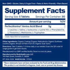 BodyHealth PerfectAmino tablets held in hand show compact, travel-friendly supplement.