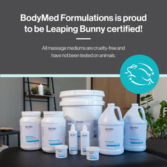 BodyMed Formulations Massage Lotion pump closeup showing smooth glide for therapy.